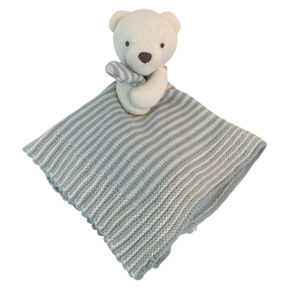 Carters Knit Teddy Bear Lovey 14" Blue White Stripes Baby Security Blanket - Picture 1 of 6